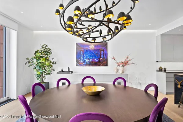a view of a dining room with furniture
