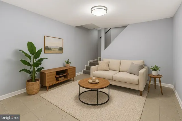 a living room with furniture a rug and a potted plant