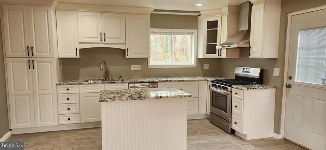 a kitchen with stainless steel appliances granite countertop a stove a sink and a refrigerator