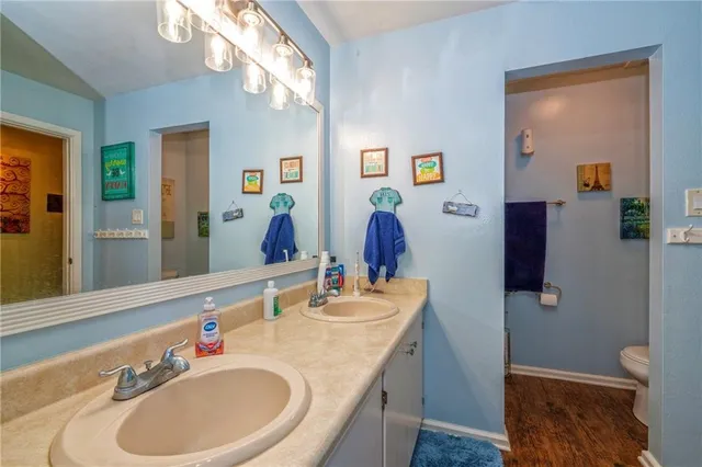 a bathroom with a sink double vanity and a toilet