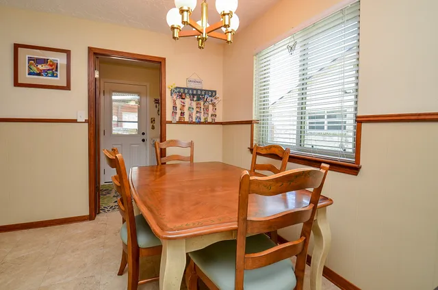 a view of a dining room with furniture and a window