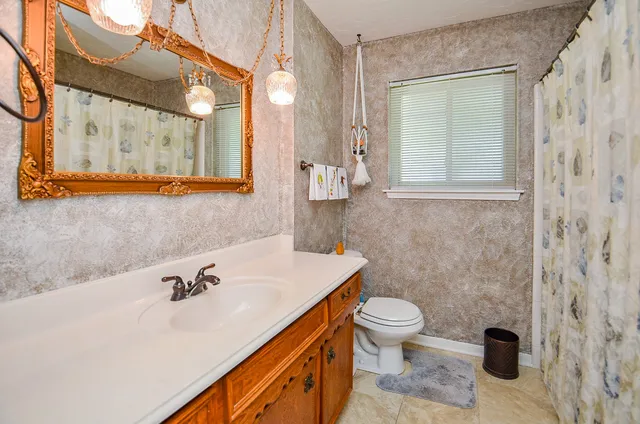 a bathroom with a sink a toilet and a mirror