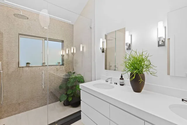 a bathroom with a sink a mirror and a potted plant