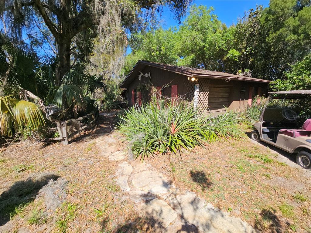 a backyard of a house with potted plants and large tree
