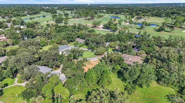 an aerial view of residential houses with outdoor space and trees