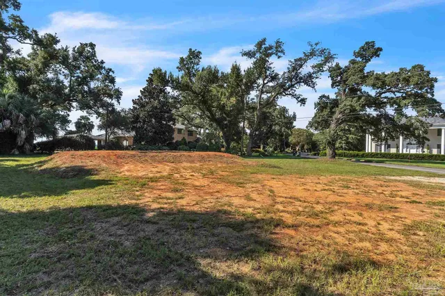 a view of a field with an trees in the background