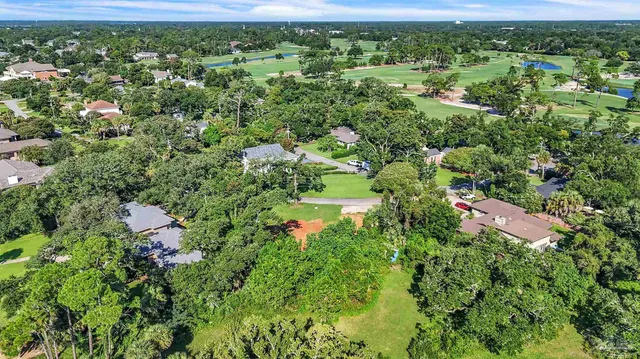 an aerial view of residential houses with outdoor space and trees