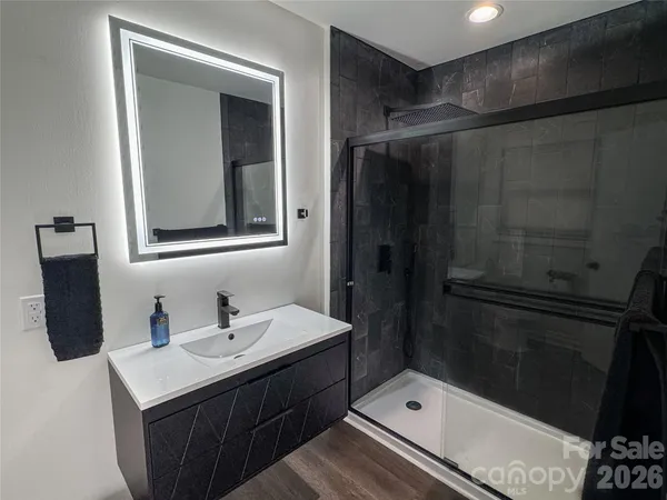 a bathroom with a sink a mirror and a shower