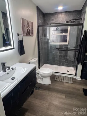 a bathroom with a sink a toilet and shower