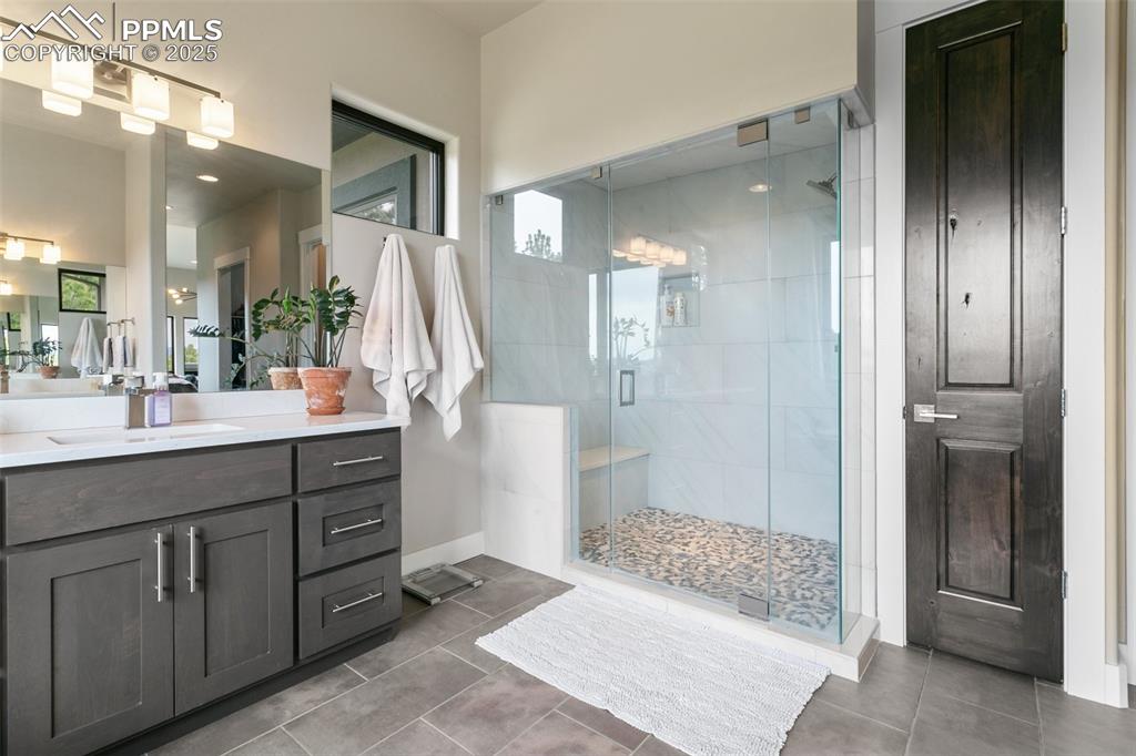 843 Long Timber Monument, CO 80132 - Photo 25 of 50 a bathroom with a sink a large mirror and a shower