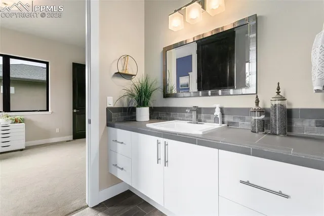 a bathroom with a sink and a mirror