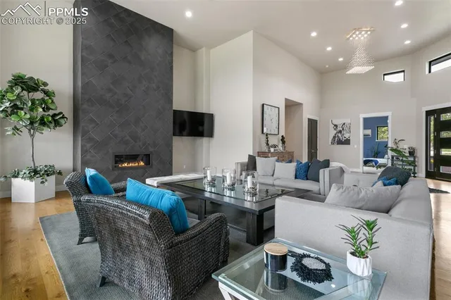 a living room with furniture kitchen view and a potted plant