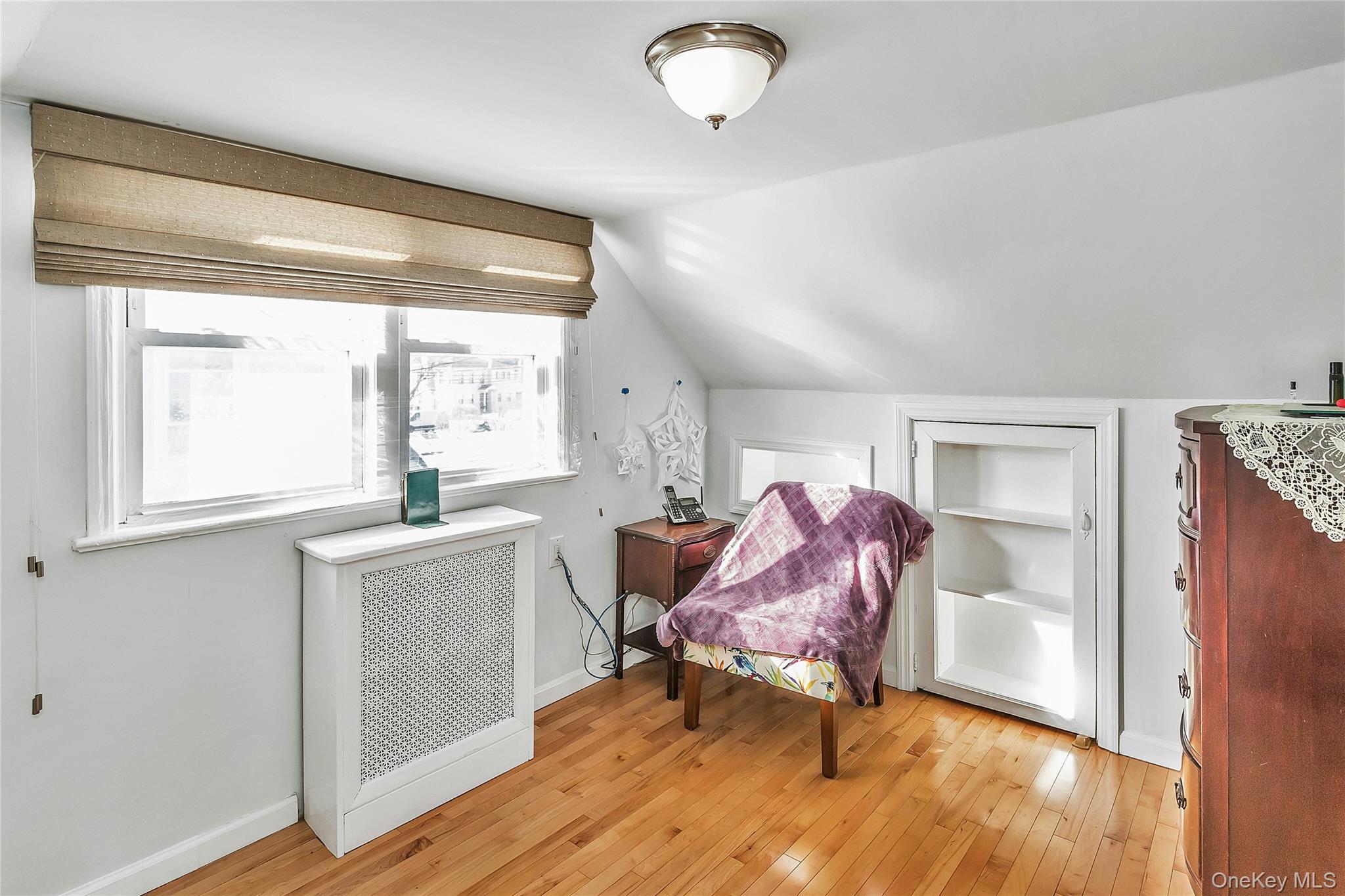 622 Wellelein Road Uniondale, NY 11553 - Photo 11 of 18 Sitting room with radiator heating unit, light wood-type flooring, lofted ceiling, and built in shelves