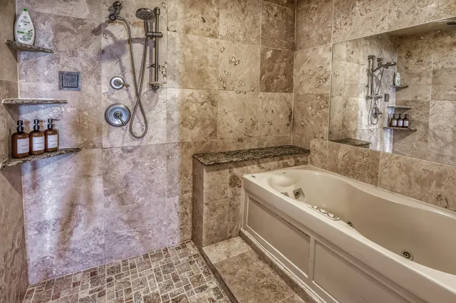 a bathroom with a bathtub and a shower