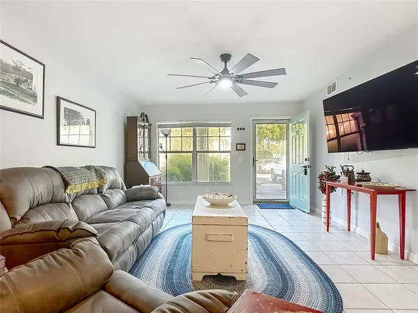 a living room with furniture and a large window