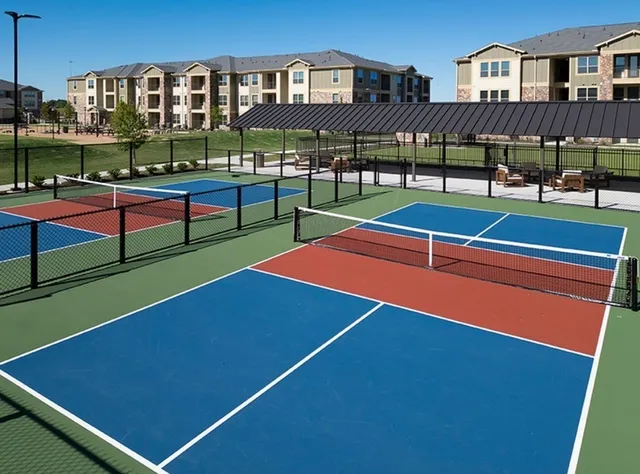 a view of a tennis ground with large trees