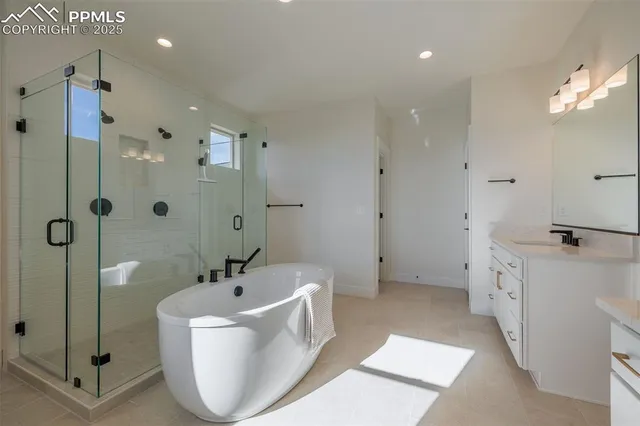 a bathroom with a tub a sink shower and mirror