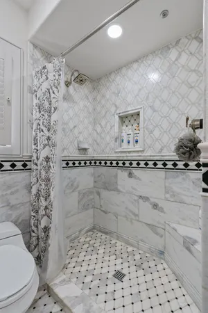 a bathroom with a shower and a toilet