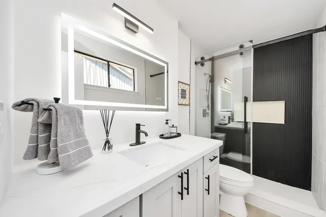 a bathroom with a sink a toilet and a mirror