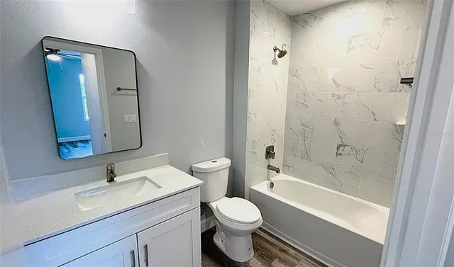 a bathroom with a bathtub and a toilet