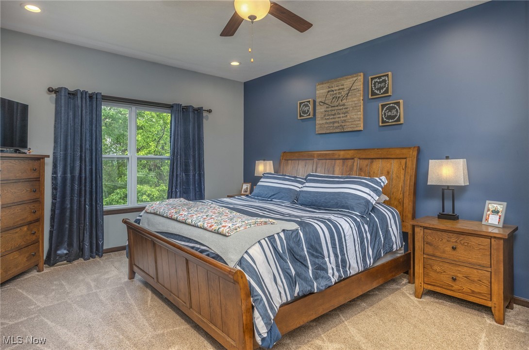 2851 Barnett Ridge Road Fleming, OH 45729 - Photo 21 of 40 Primary bedroom featuring light carpet, recessed lighting, baseboards, and ceiling fan