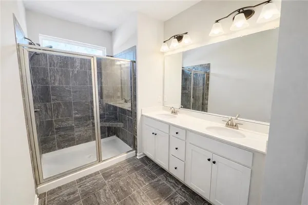 a bathroom with a double vanity sink mirror and shower