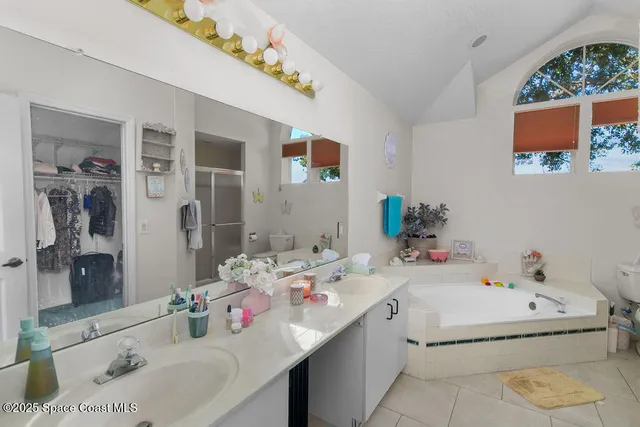 a bathroom with a sink mirror and a bath tub