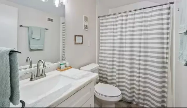 a bathroom with a sink a toilet and shower curtain