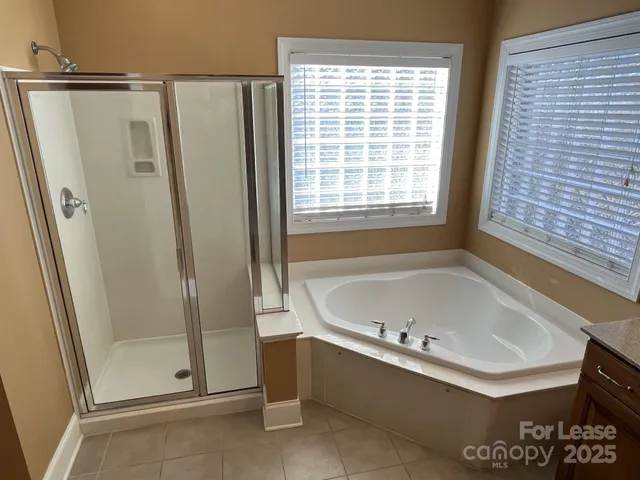 a bathroom with a bathtub and a shower