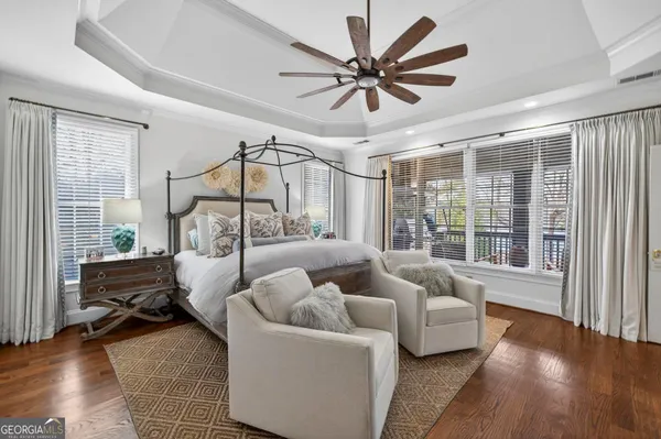 a view of a porch with wooden floor