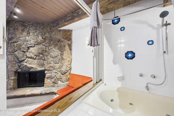 a bathroom with a tub shower and a fireplace
