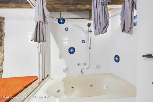 a bathroom with a bathtub and shower