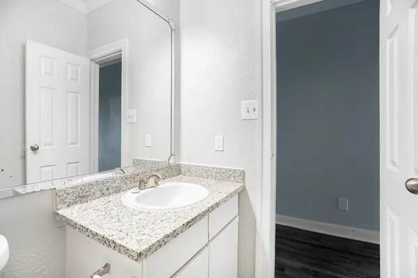 a bathroom with a granite countertop sink and a mirror