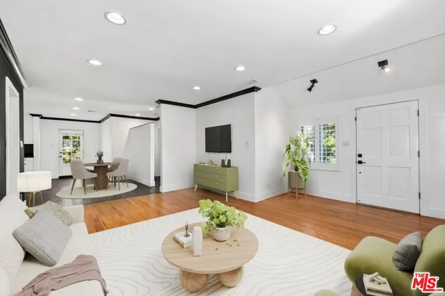 a living room with furniture potted plant and a flat screen tv
