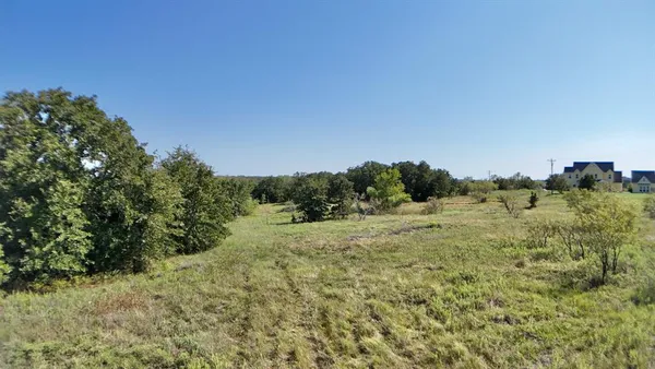 a view of a dry yard with trees in the background