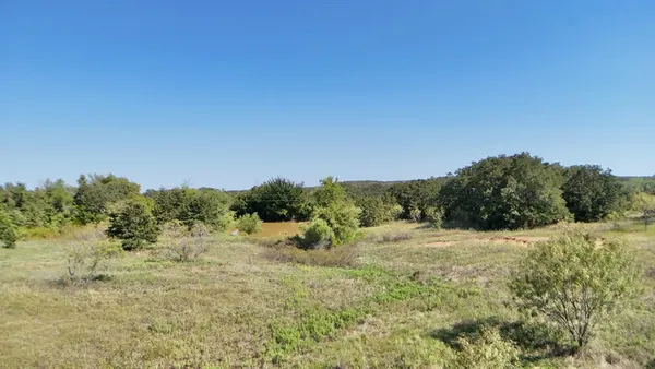 a view of a field with trees in the background