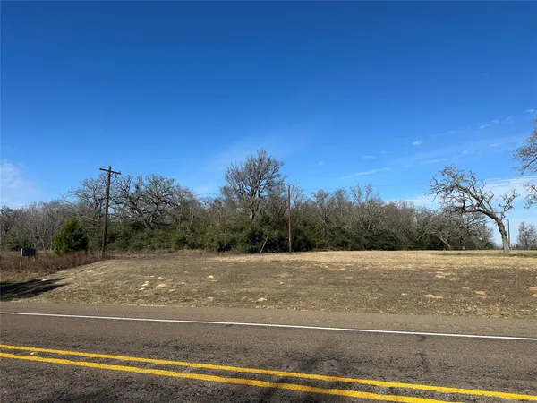 a view of a field with trees in the background