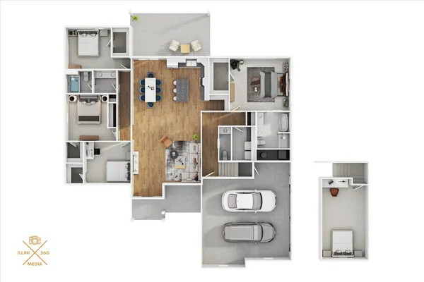 an aerial view of a house with a yard and lake view