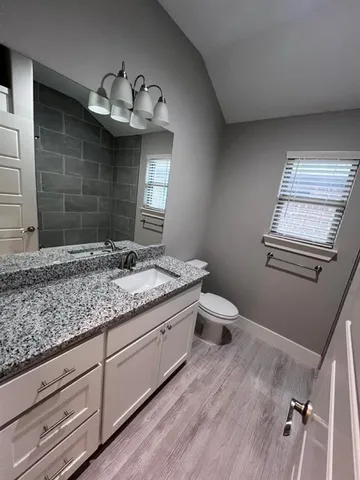 a bathroom with a granite countertop sink a toilet and mirror