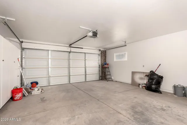 a view of a garage with storage