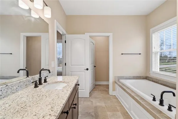 a bathroom with a granite countertop tub sink and mirror