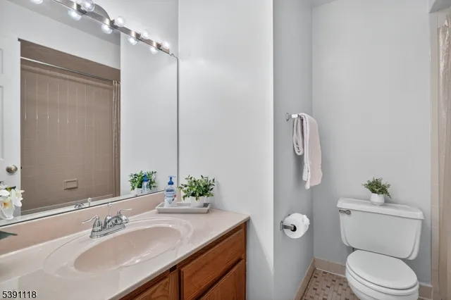 a bathroom with a granite countertop toilet sink and mirror