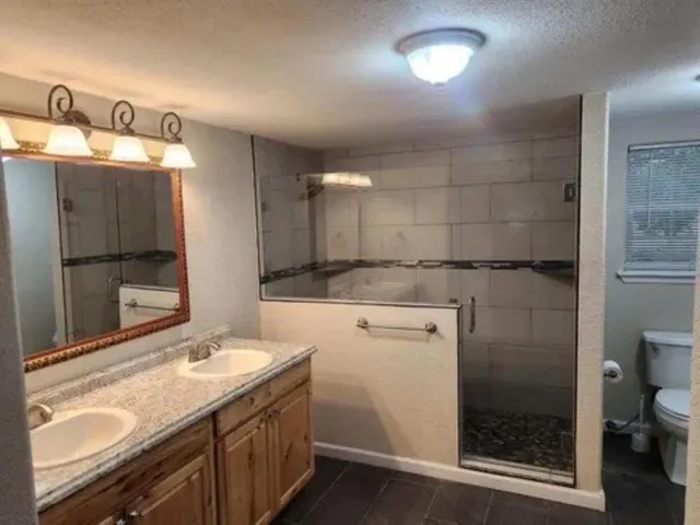 a bathroom with a sink a toilet and shower