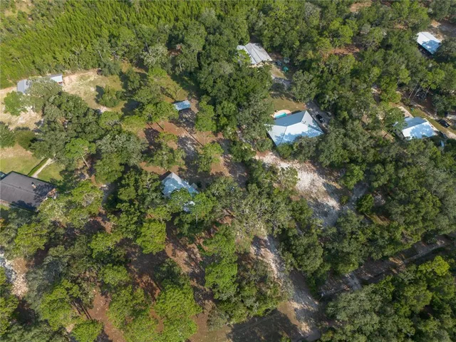 an aerial view of residential house with outdoor space and trees all around