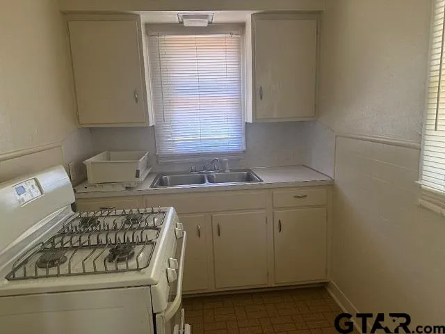 a kitchen with a sink a stove and cabinets