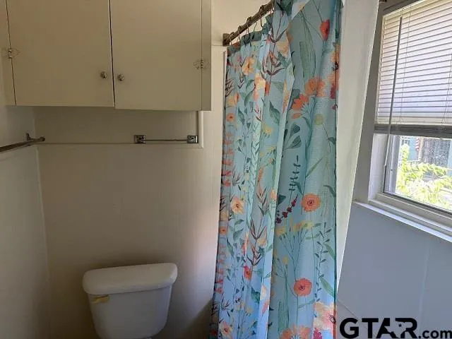 a bathroom with a toilet and a shower curtain