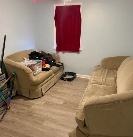 a living room with a couch and a lamp with wooden floor