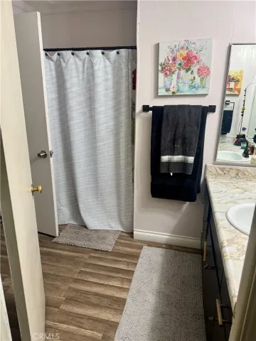 a bathroom with a sink a mirror and a shower curtain