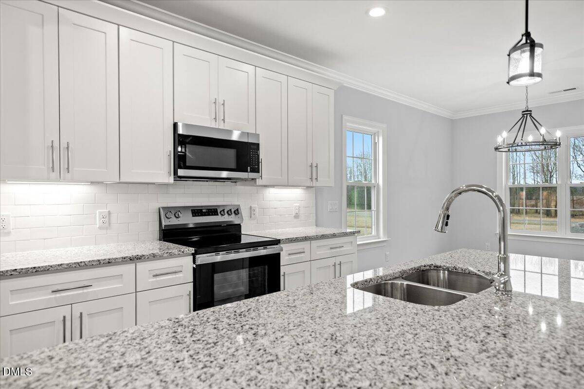 1300 Nick Coley Road Whitakers, NC 27891 - Photo 15 of 47 a kitchen with granite countertop a stove a sink and a microwave