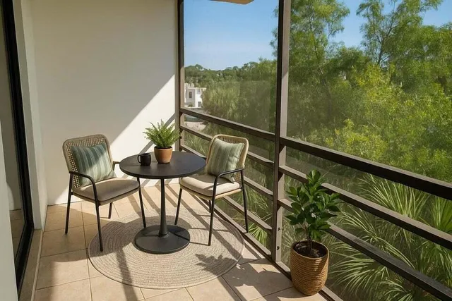 a view of a chairs and table in patio